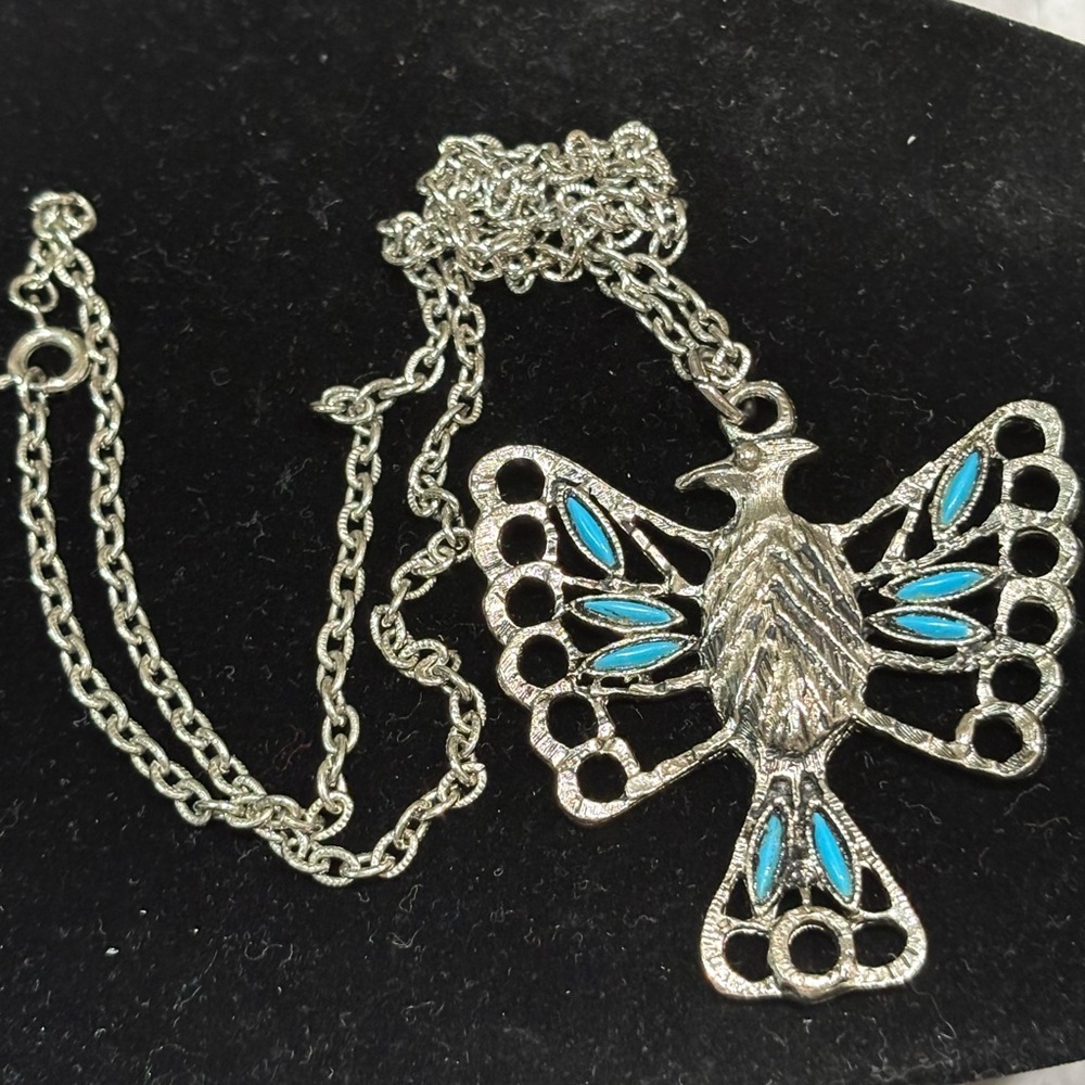 Vintage Thunderbird Eagle Necklace Pendant Turquoise Silver Tone Jewelry Native
